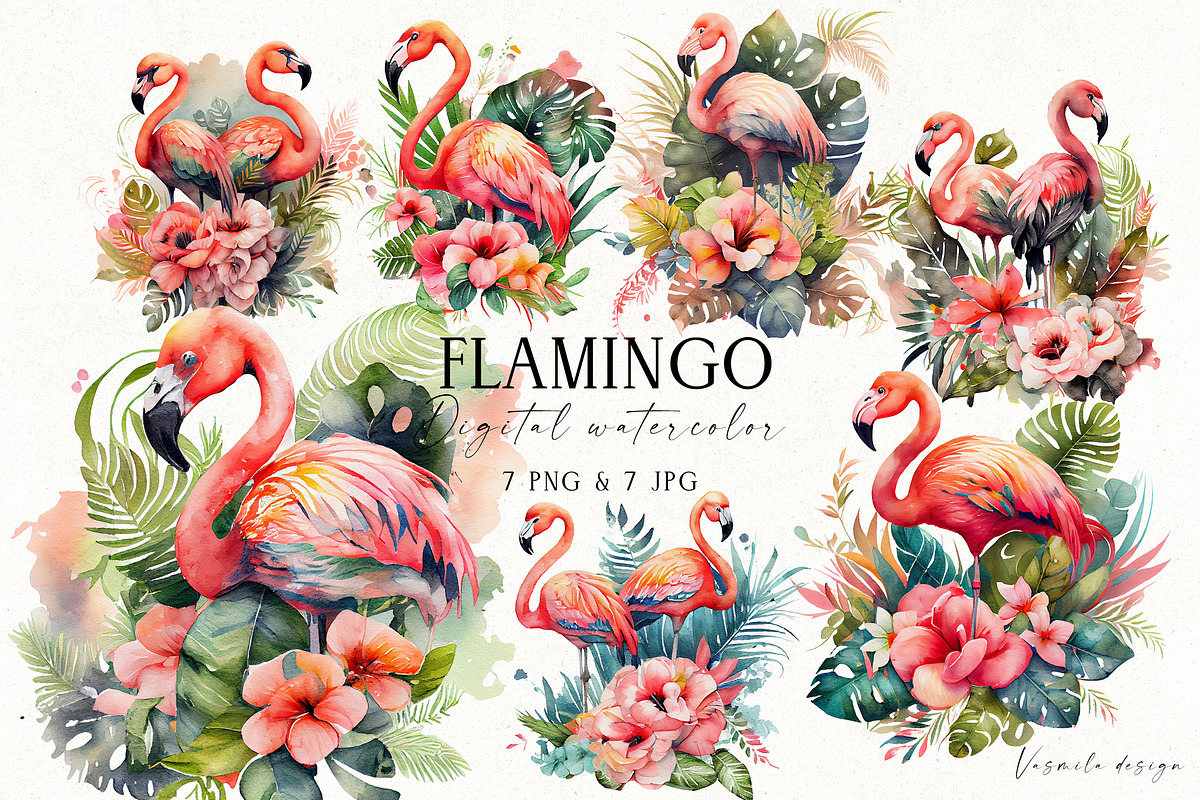 Watercolor Tropical Flamingos, an Animal Illustration by Vasmila (Photo 1 of 9)