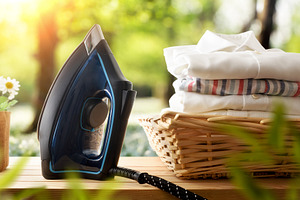 Eco-friendly ironing concept with iron and shirts in nature, a Technology Photo by Davizro's Market