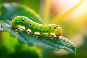 Green caterpillar on a leaf in sunlight, an Animal Photo by AlyaAnd