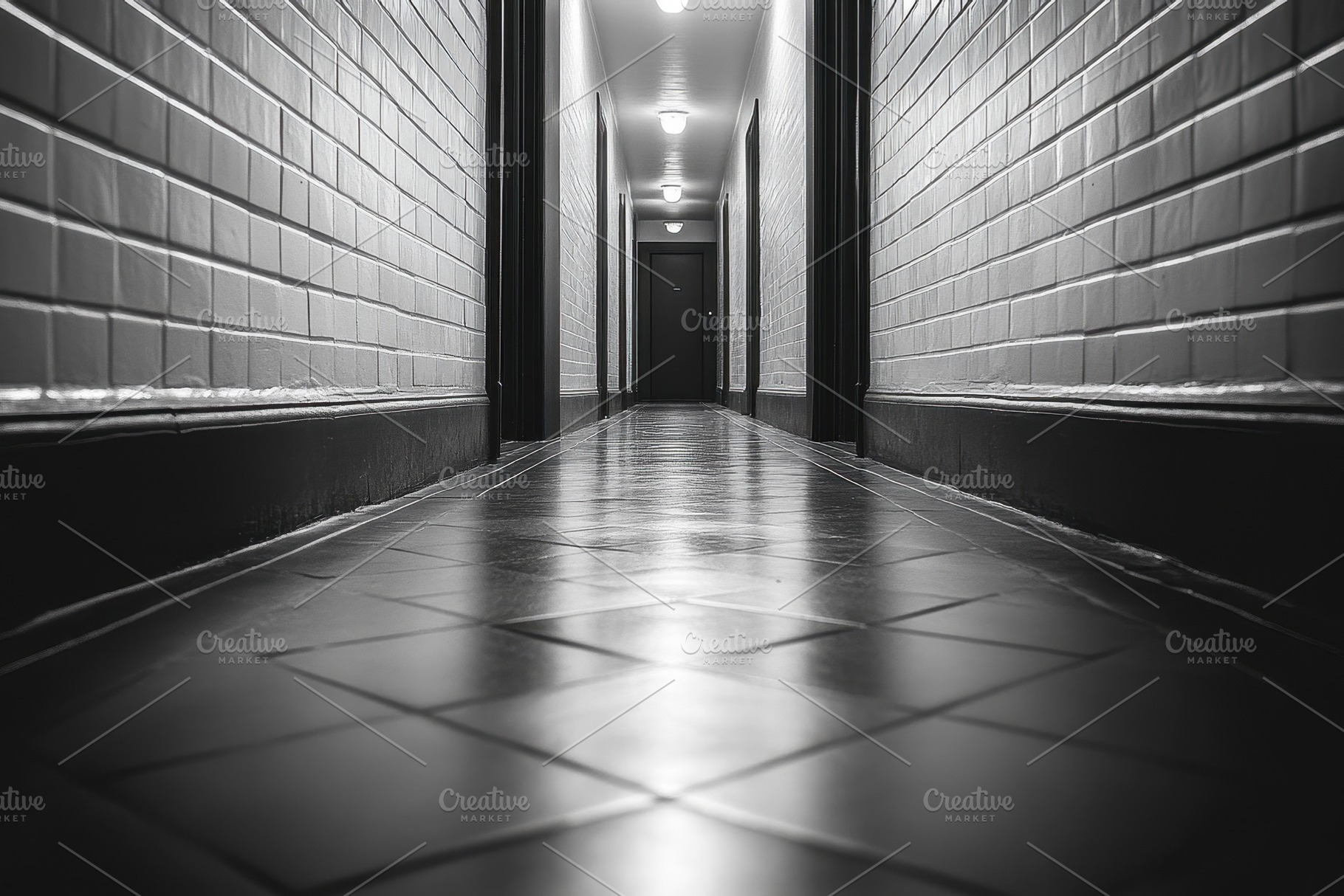 Long hallway with tiled floor and ov, a Photo by Tanuart