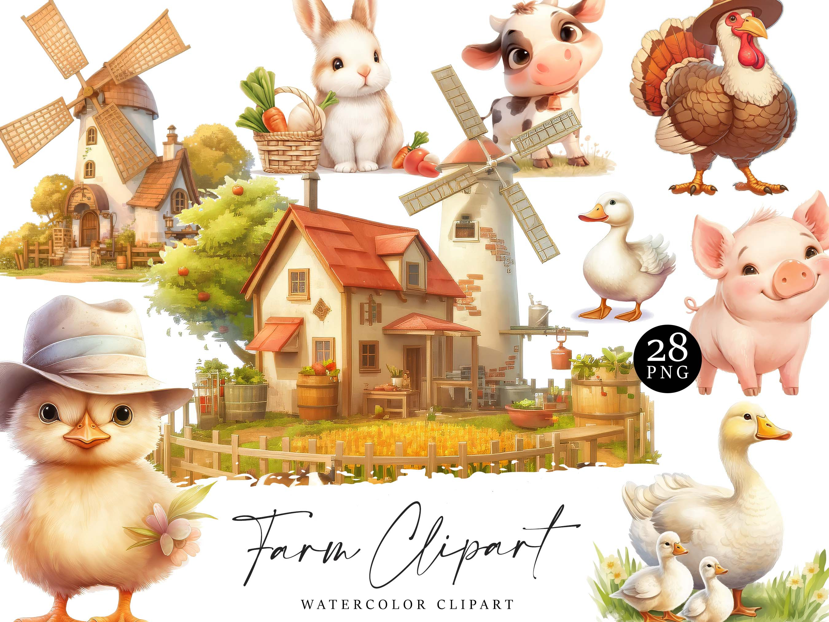 Watercolor Cute Farm Clipart Bundle, an Animal Illustration by Design ...