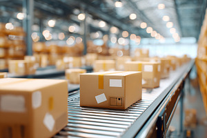 Automated robotic arms organize packages efficiently in a modern warehouse envi, a Photo by AlyaAnd