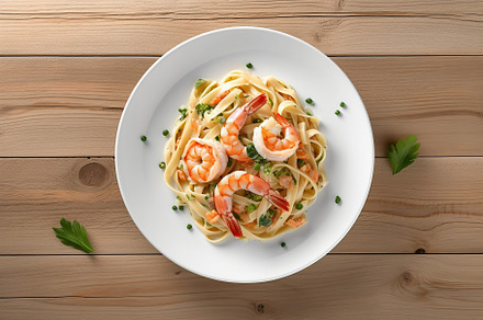 Italian pasta with creamy sauce and shrimp on plate. Generative aI, a Food & Drink Photo by AlyaAnd