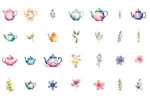 Teapot Flower Element Clipart Bundle