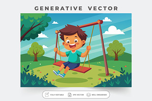 A happy kid swings playfully in a br