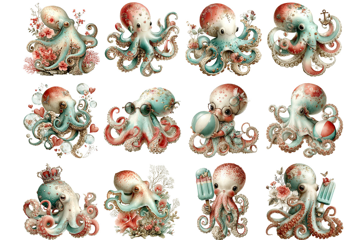 Whimsical Summer Octopus Clipart, an Illustration by DreamArtGraphic (Photo 3 of 5)