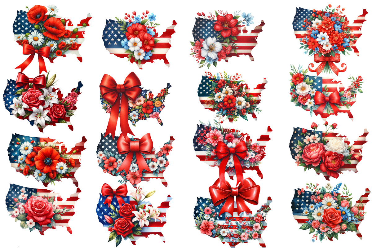 4th of July Floral USA State Map, an Illustration by Designworld (Photo 3 of 4)