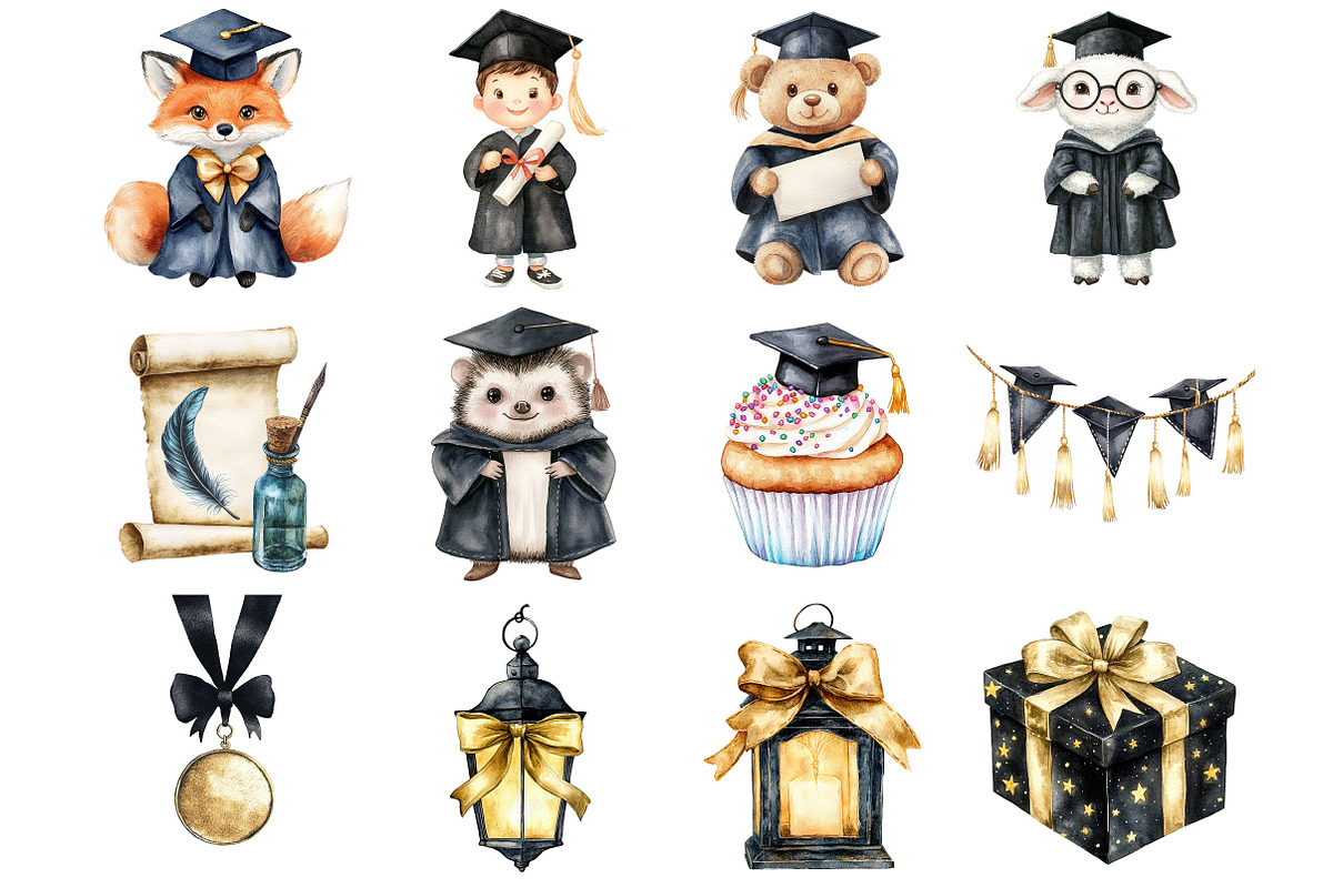 Watercolor Graduation Clipart, a Seasonal Illustration by CitraGraphics (Photo 3 of 4)