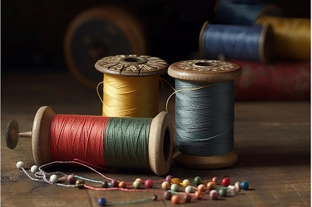 Pincushion spools thread on wooden, an Arts & Entertainment Photo by Ylivdesign