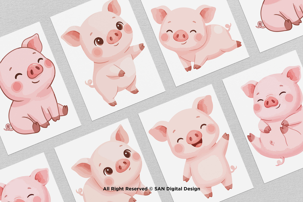 15 Bundle Watercolor Cute Pig Pink, an Animal Illustration by Morspective (Photo 3 of 8)
