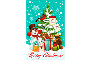 Winter Christmas Holiday Snowman Vector Greeting Card