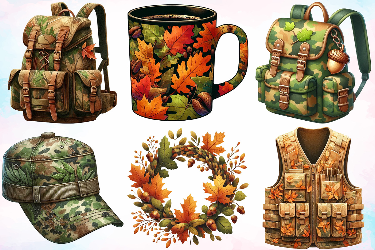 Watercolor Camouflage Autumn Clipart, a Seasonal Illustration by Canvas Craft (Photo 2 of 8)