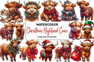 Christmas Highland Cows Clipart, an Illustration by DreamArtGraphic