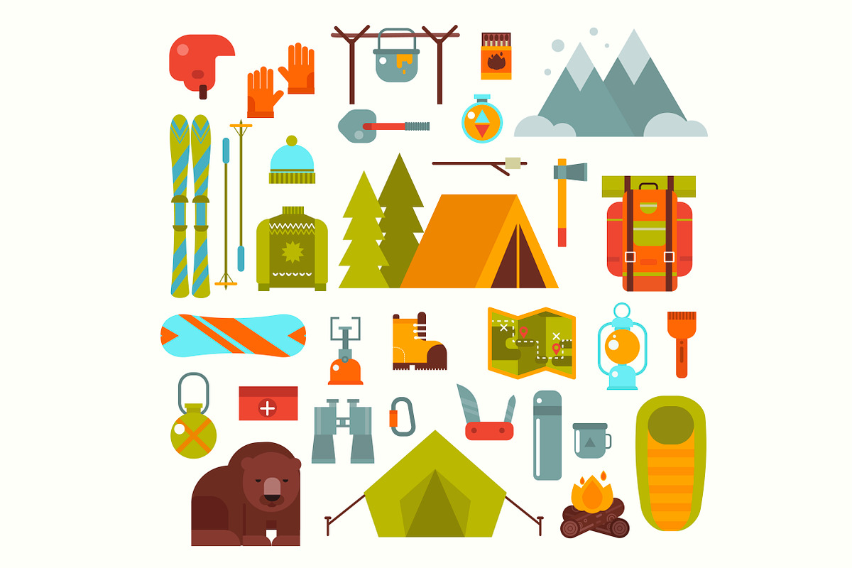 Winter camping vector flat set, an Object Graphic by Sviatlana-St