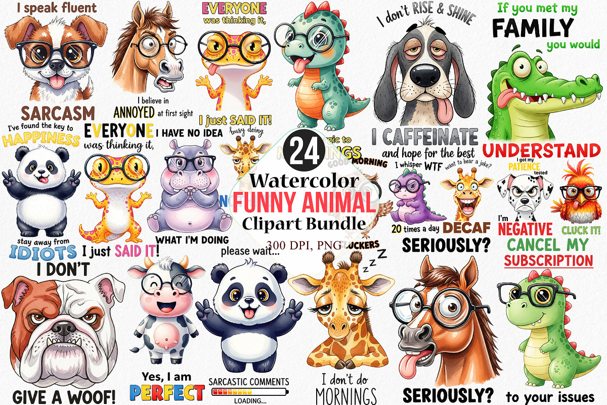 Watercolor Funny Animal Clipart, an Illustration by Canvas Craft (Photo 1 of 5)