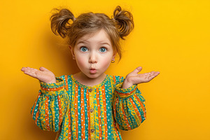 Adorable little girl with pigtails making surprised expression w, a Person Photo by José Manuel Gelpi
