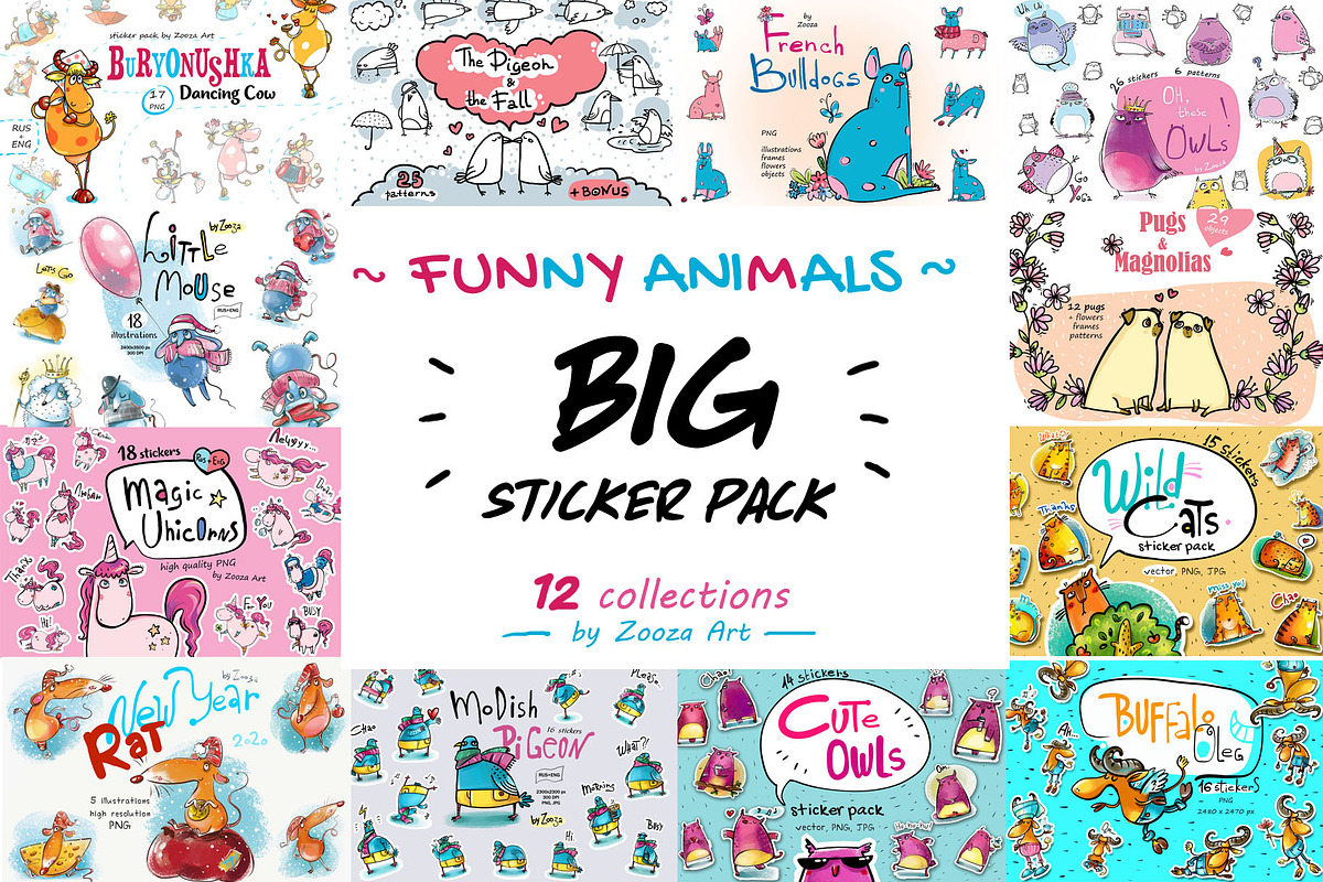BIG sticker pack 12 collections, an Animal Illustration by Zooza Art