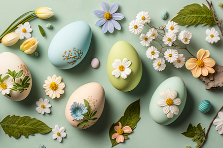 Spring Flowers Easter Eggs Flat Lay, a Photo by TheBlogLoft