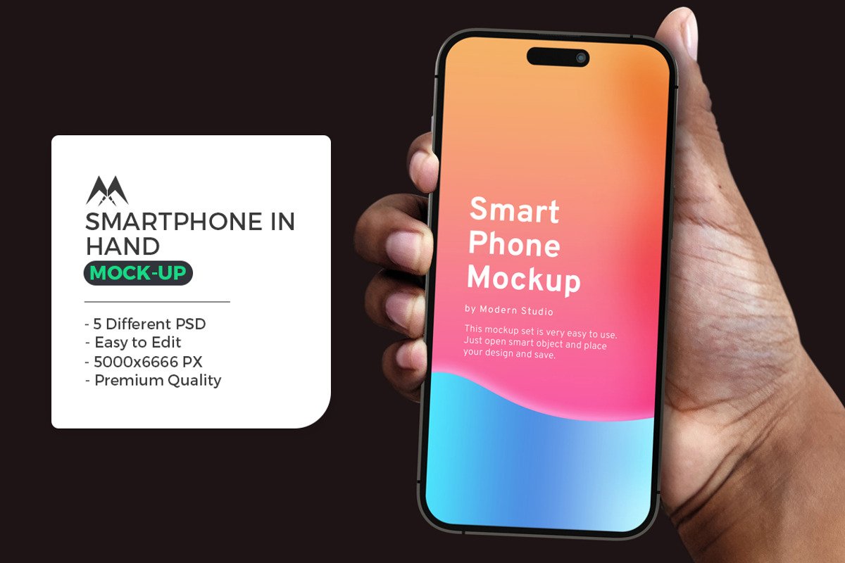 iPhone 14 Pro in Hand Mockup, an iPhone Mockup by Modern Studio (Photo 1 of 7)
