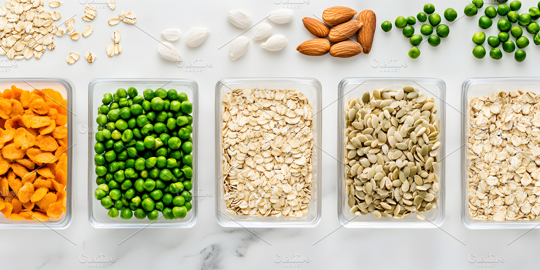Healthy dry food ingredients in glass containers, a Food & Drink Photo by Photostock