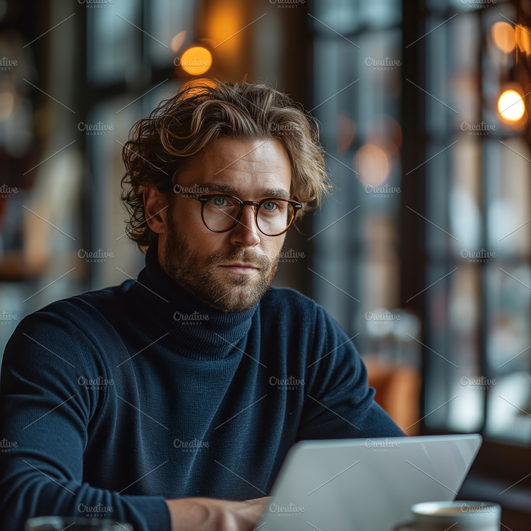 A focused Caucasian man with curly hair and glasses works on a laptop in a cozy, a Person Photo by ImageMir