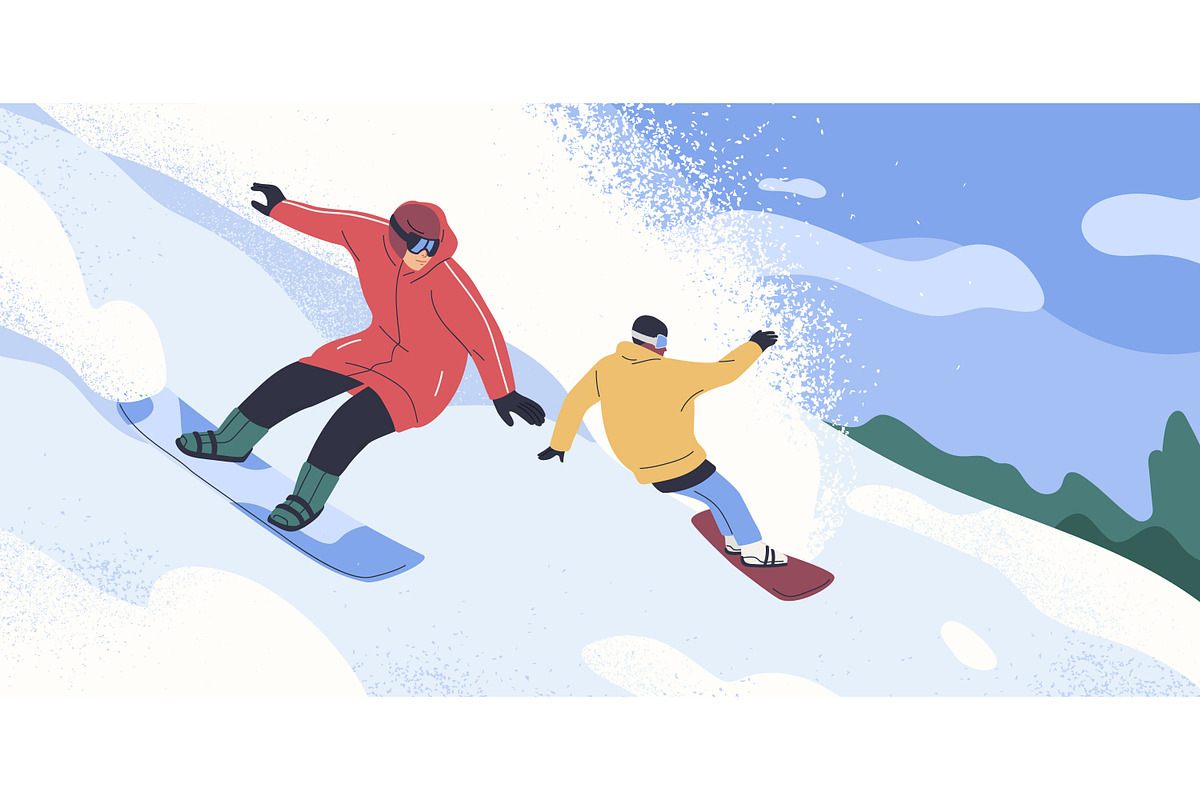 Snowboarders on mountain slopes set, a Sport Illustration by Good Studio (Photo 2 of 5)