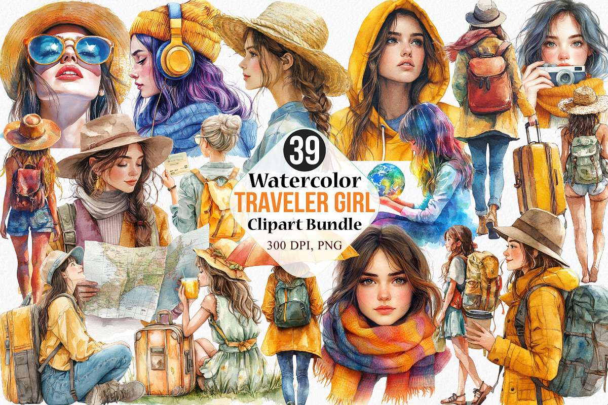 Watercolor Traveler Girl Clipart, an Illustration by Canvas Craft (Photo 1 of 8)