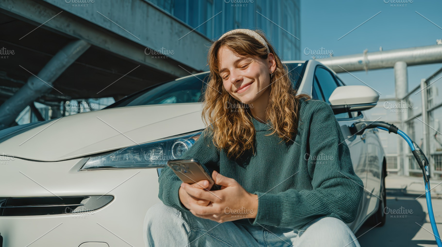 Woman using phone near charging elec, a Photo by Pixeness Studio