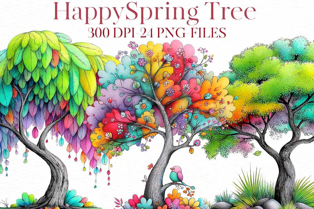 watercolor happy spring tree clipar, an Illustration by Designworld (Photo 1 of 8)