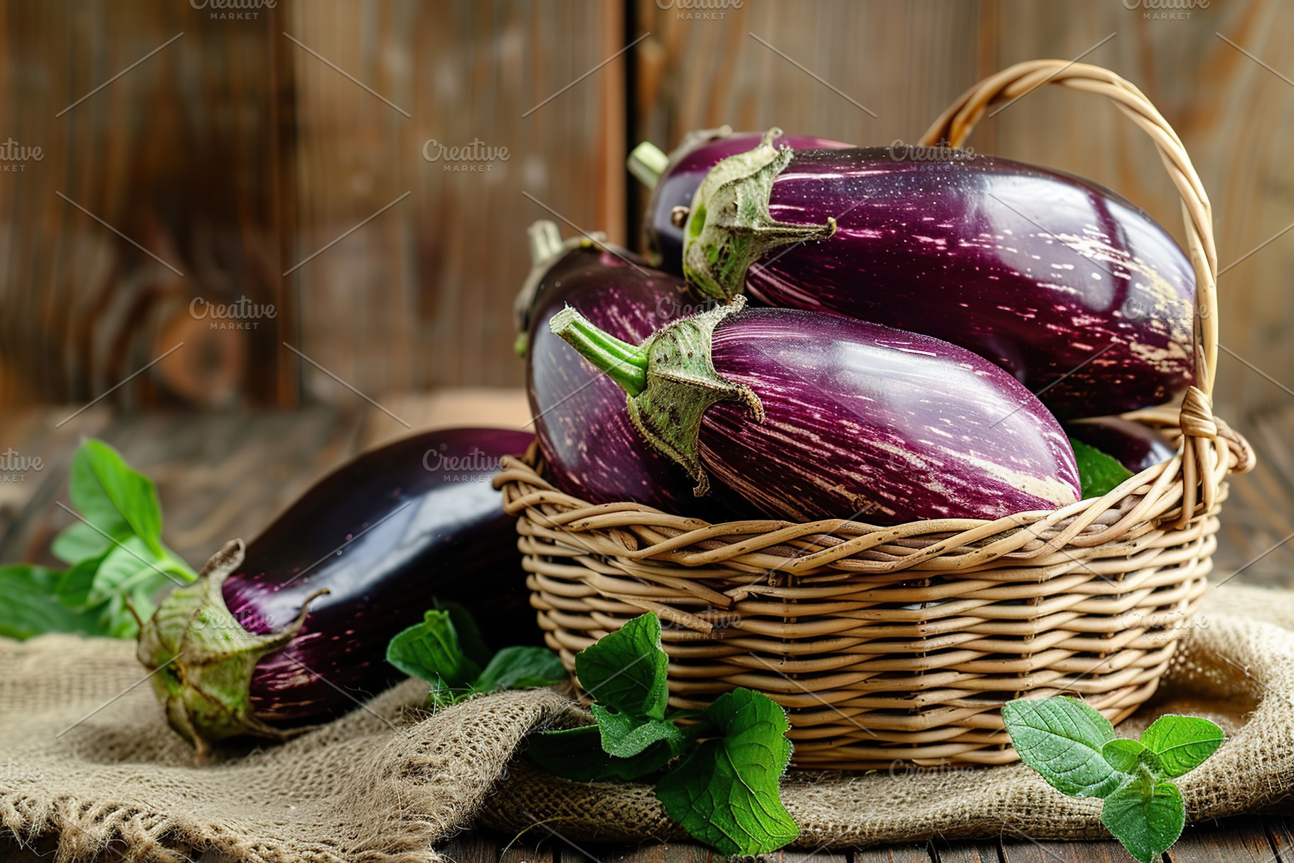 Fresh eggplants in basket on wooden table, a Food & Drink Photo by AlyaAnd