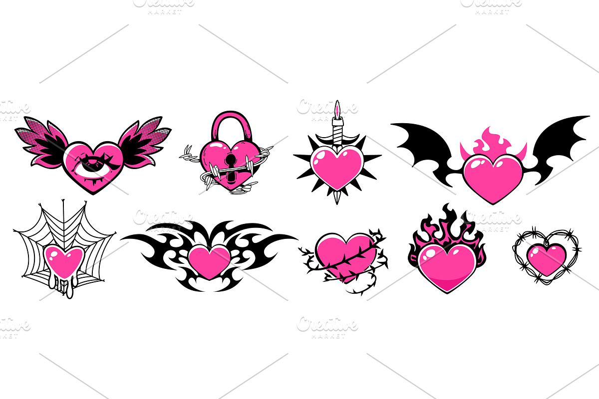 Goth heart tattoos set isolated on, an Object Illustration by art PVP - market