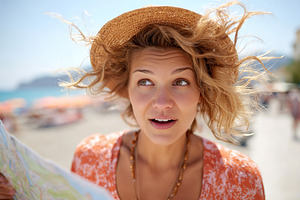 Woman exploring a beach destination with a map in hand on a windy day, a Person Photo by AlyaAnd
