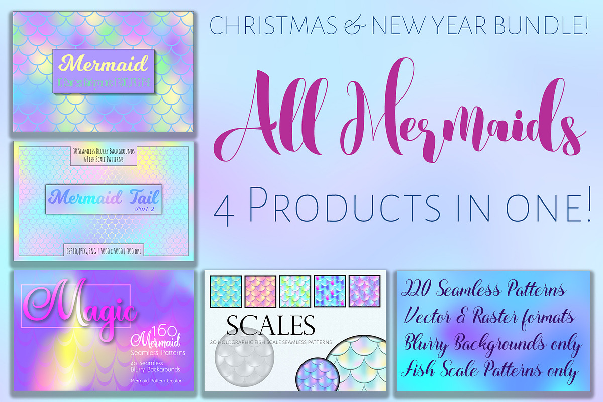 Mermaid Seamless Patterns Bundle, a Pattern Graphic by RabbitAndPencil (Photo 1 of 11)