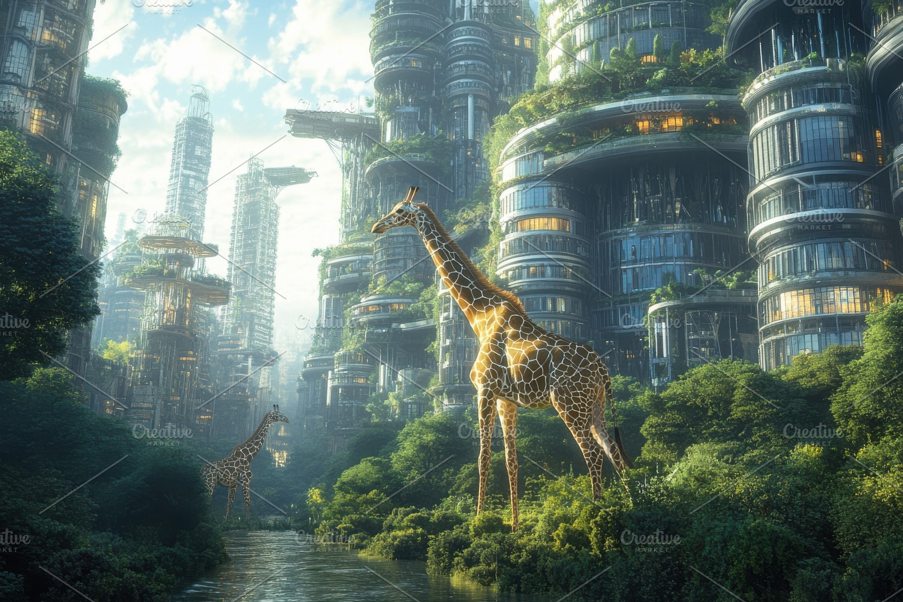 Giraffes in a futuristic green city, an Animal Photo by Pixeness Studio
