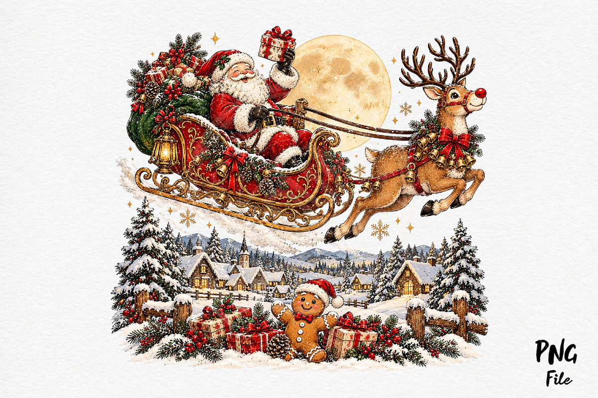 Christmas Santa Sleigh Over Snowy, a Seasonal Illustration by Craft Nest (Photo 1 of 6)