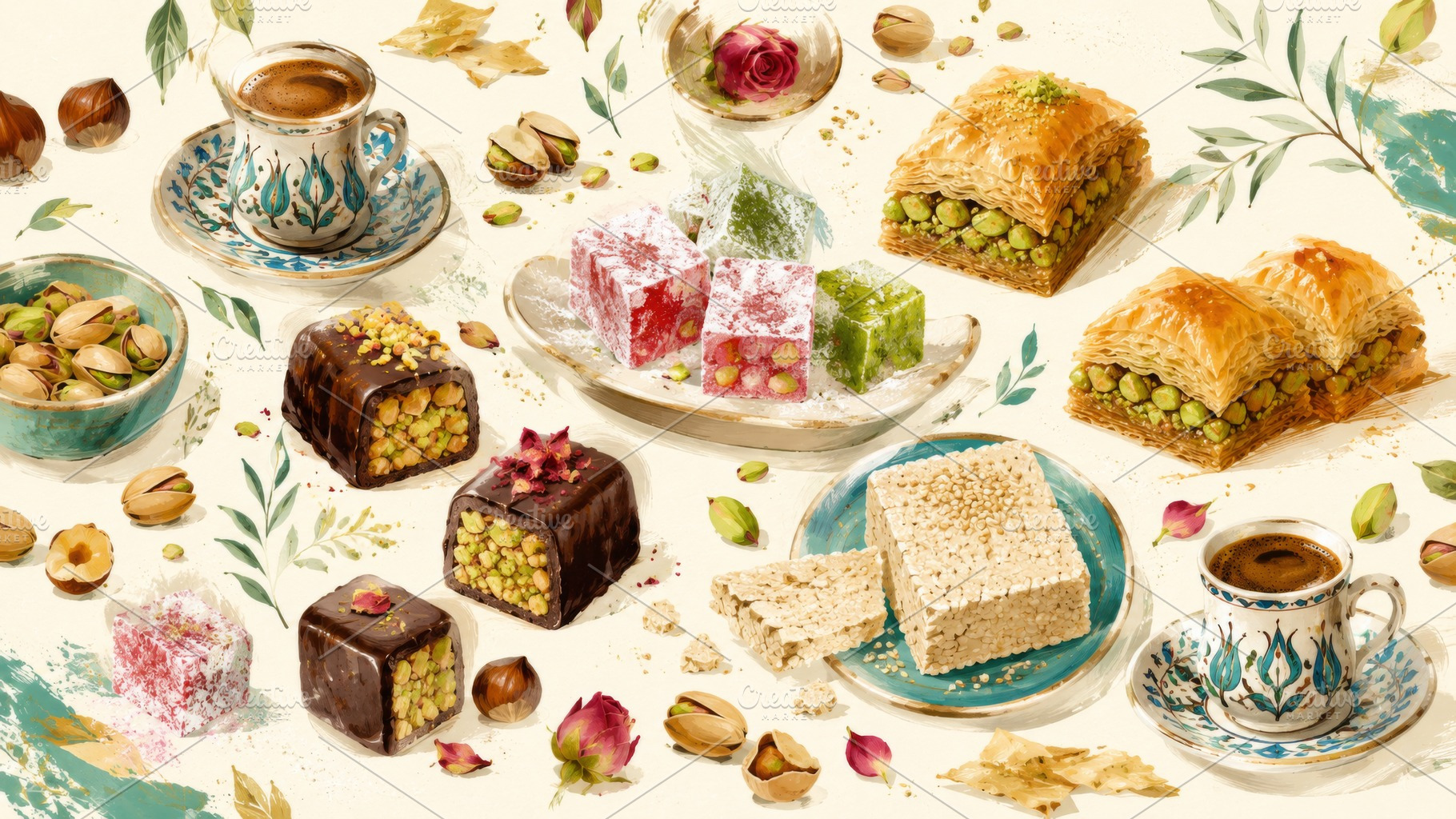 Turkish sweets including baklava, lo, a Photo by Dvoevnore photos