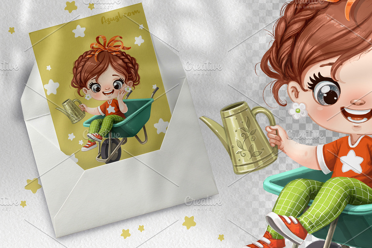 Farmer girl sits in a garden cart, a Person Illustration by Azuzlikus (Photo 2 of 3)