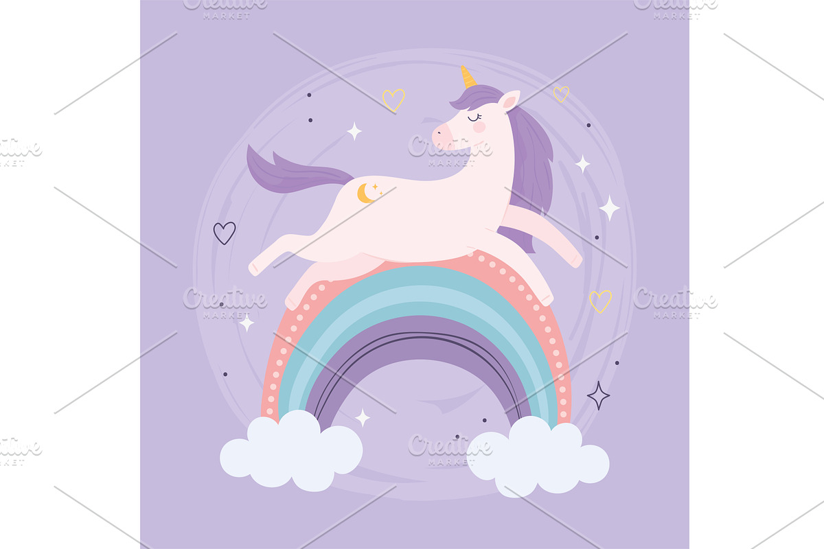 unicorn on rainbow, an Animal Illustration by studiogstock
