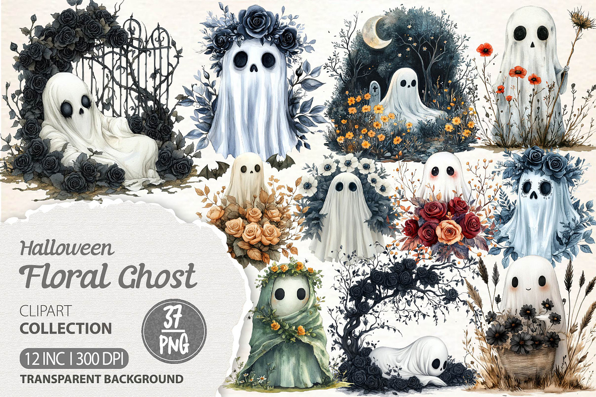 Halloween Floral Ghost Clipart, an Illustration by Dream Creation (Photo 1 of 7)