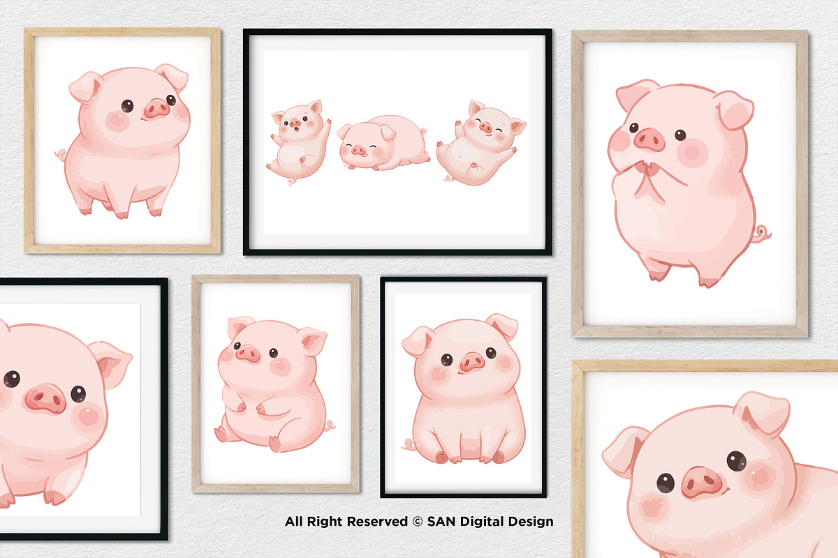 15 Bundle Watercolor Chubby Pig Pink, an Animal Illustration by Morspective (Photo 4 of 8)