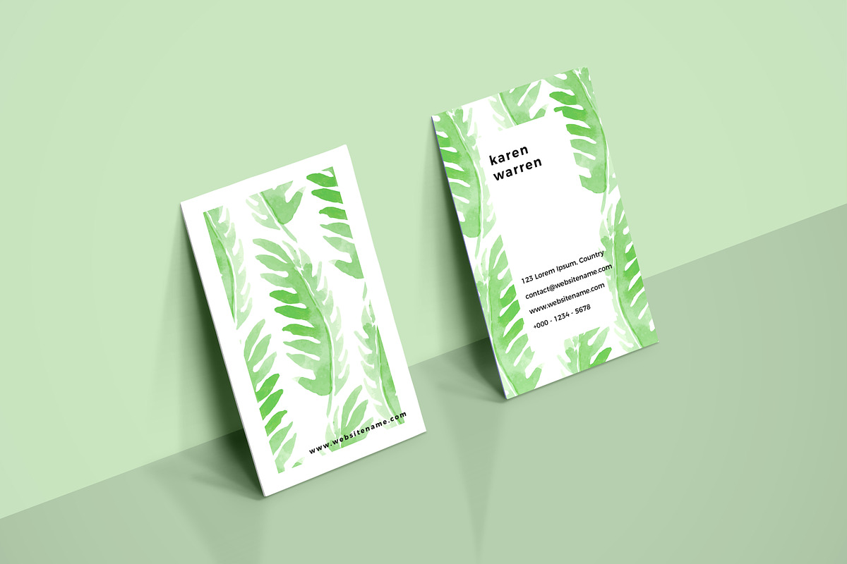 Botanical Watercolor Leaves Card, a Business Card Template by RCDesigns