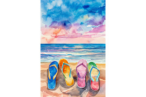 Watercolor Art of Four Flip-Flops, a Decorative Illustration by Art Paradise Studios