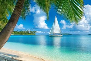 Tropical beach with a sailboat glide, a Nature Photo by MistyDay