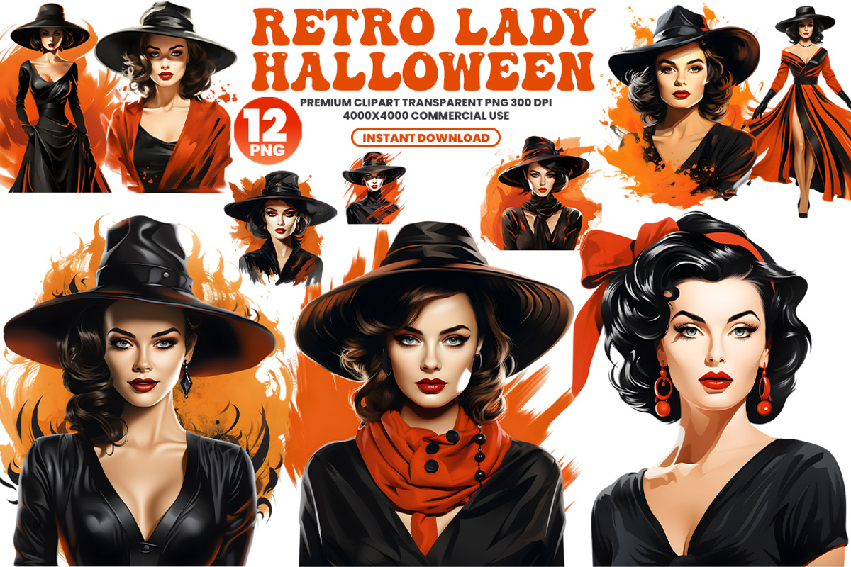 Halloween Retro Lady Clipart Bundle, a Seasonal Illustration by Creative Arslan (Photo 1 of 7)