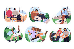 Happy people on swings in nature set, a Person Illustration by PaperTrident