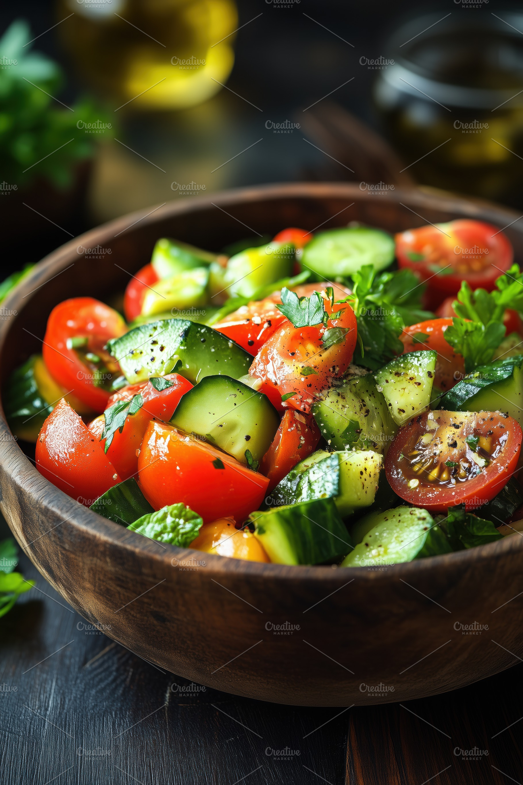 A fresh and colorful salad made with diced tomatoes, cucumbers, and herbs, serv, a Technology Photo by Textures & Backgrounds