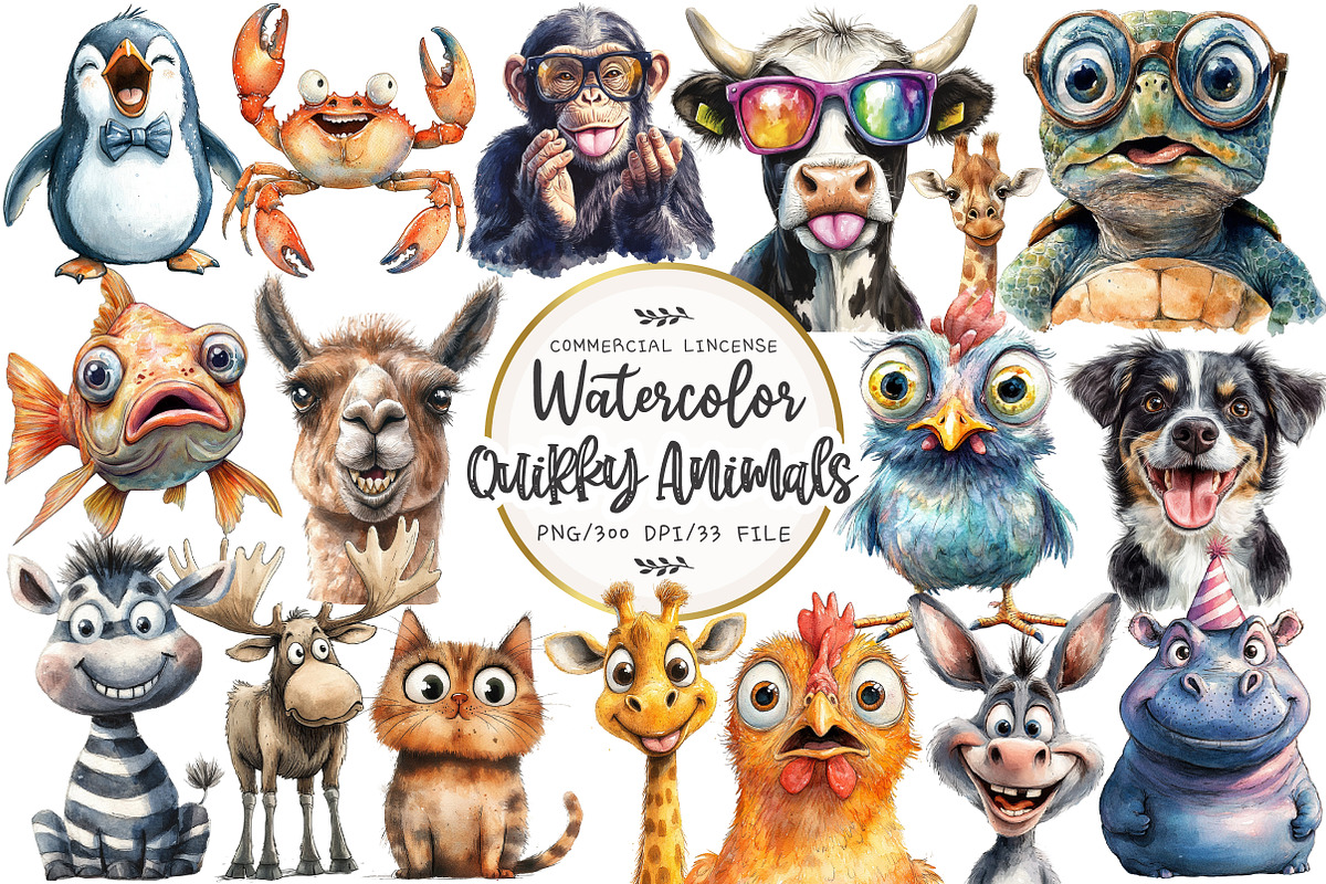 Watercolor Quirky Animals Clipart, an Illustration by OK Design (Photo 1 of 5)