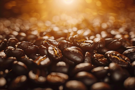 Background of roasted coffee beans with sunlights, a Food & Drink Photo by AlyaAnd