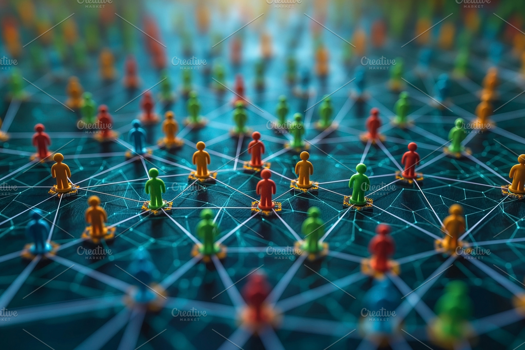 Colorful figurines interconnected through a web of lines, symbol, a Business Photo by ImageMir