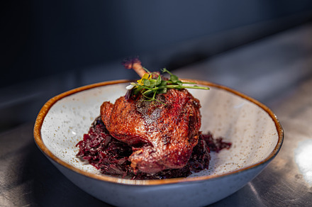 Roast duck leg served with red cabbage, a Photo by Grafvision photography